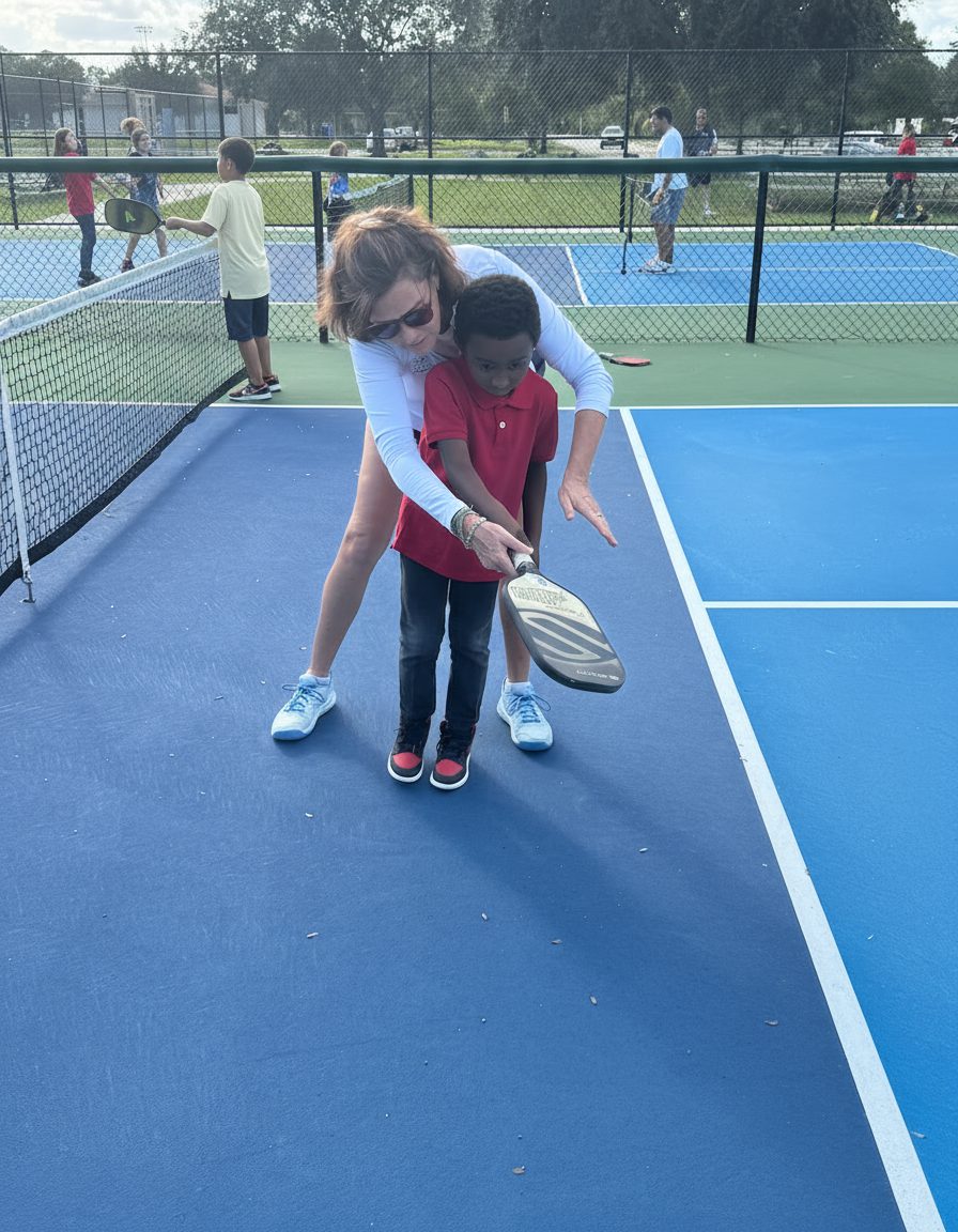 Founder Terri MacLeod guiding a young player through a forehand swing.